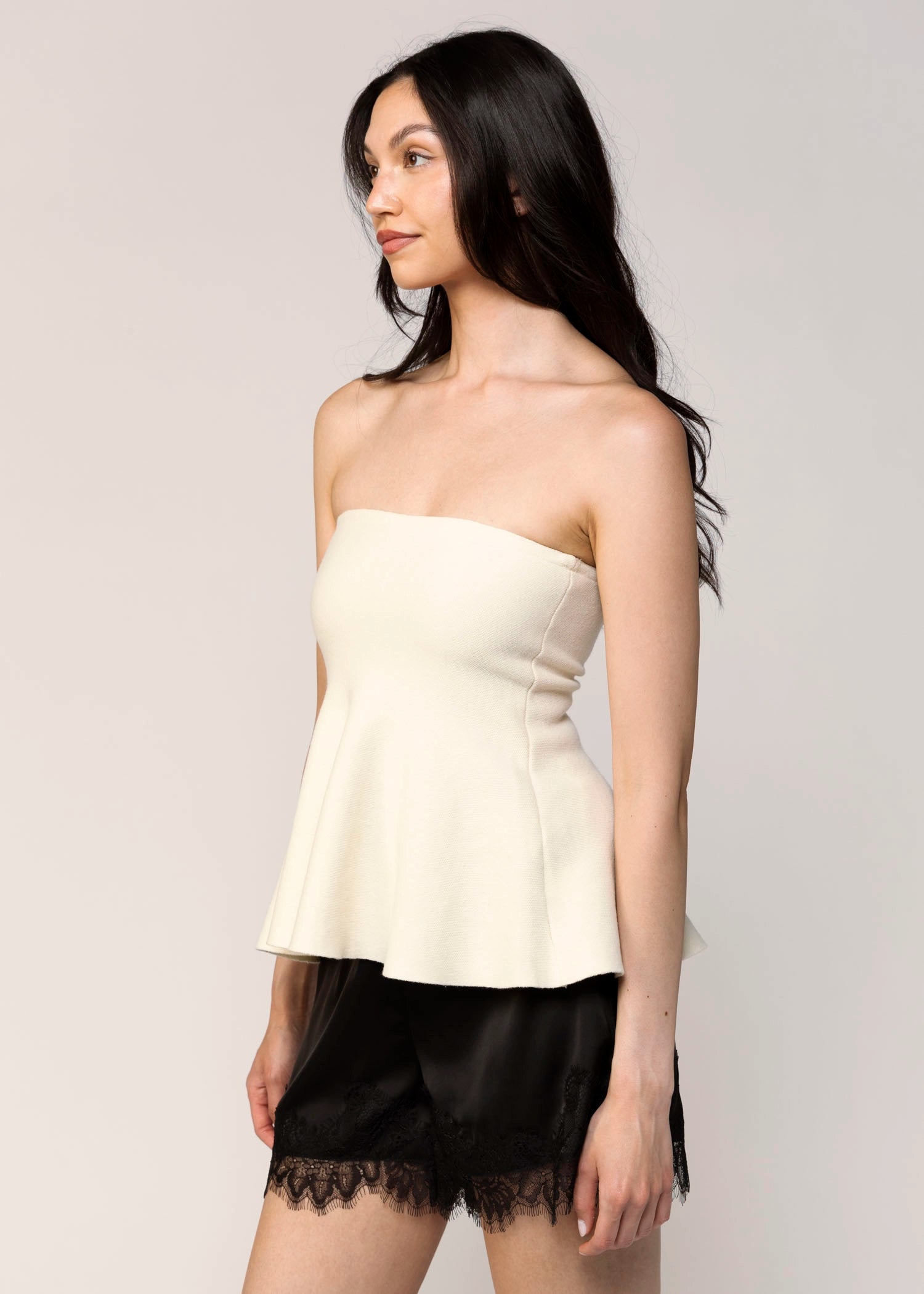 swatch_Cream bella strapless peplum knit top