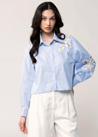 swatch_Blue button down shirt with floral applique