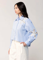 swatch_Blue button down shirt with floral applique