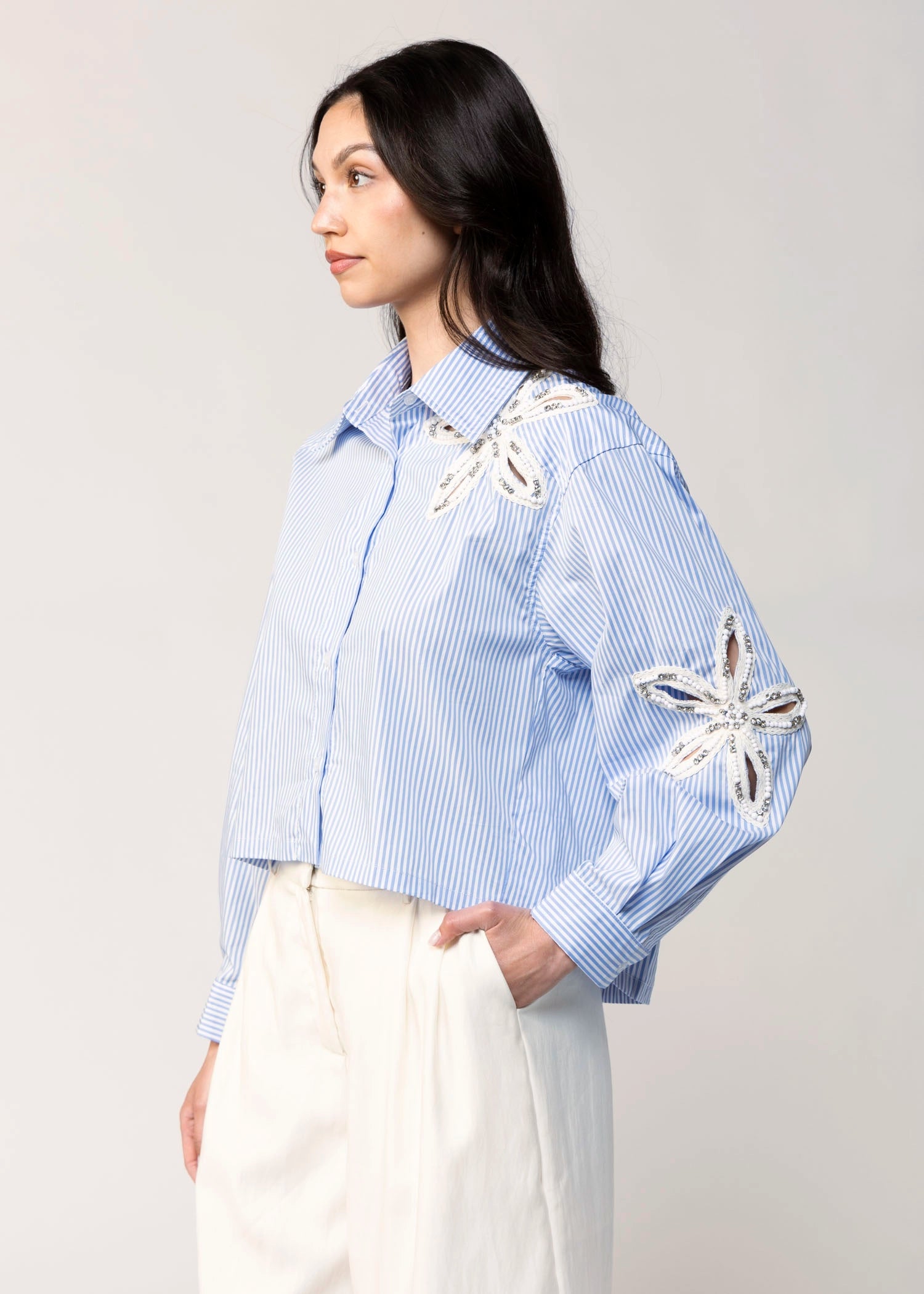swatch_Blue button down shirt with floral applique