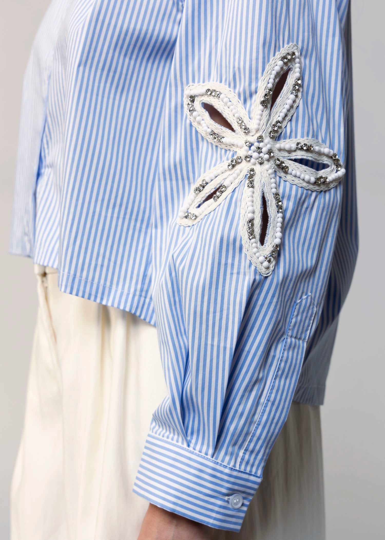 swatch_Blue button down shirt with floral applique