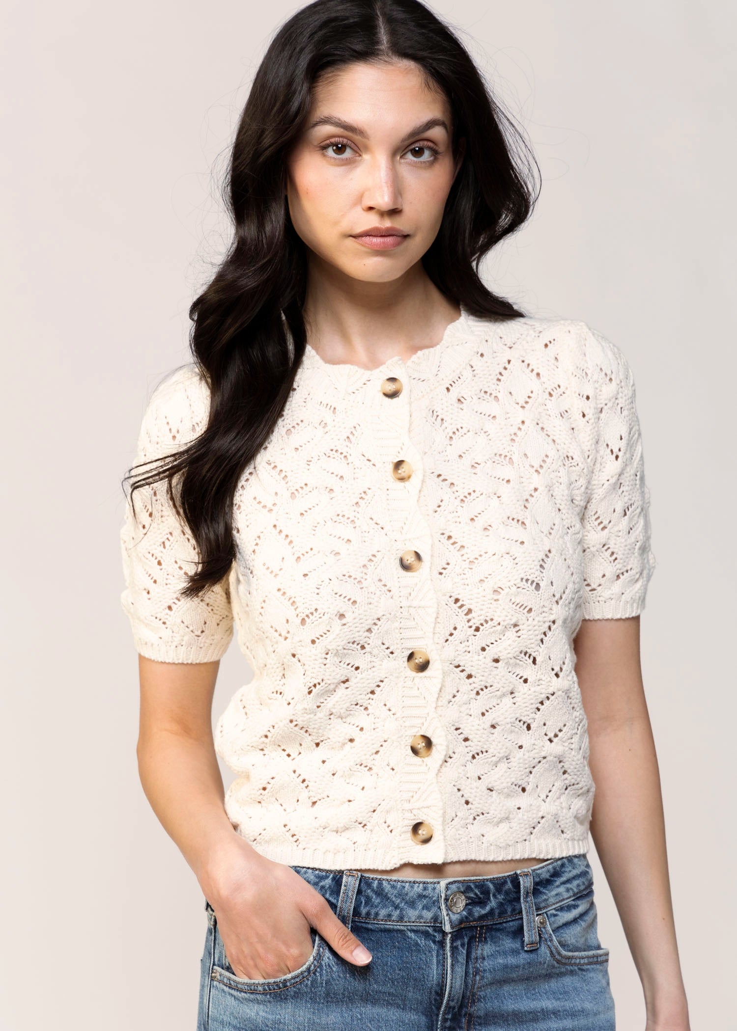 swatch_Eggshell heartloom dana short sleeve knit cardigan