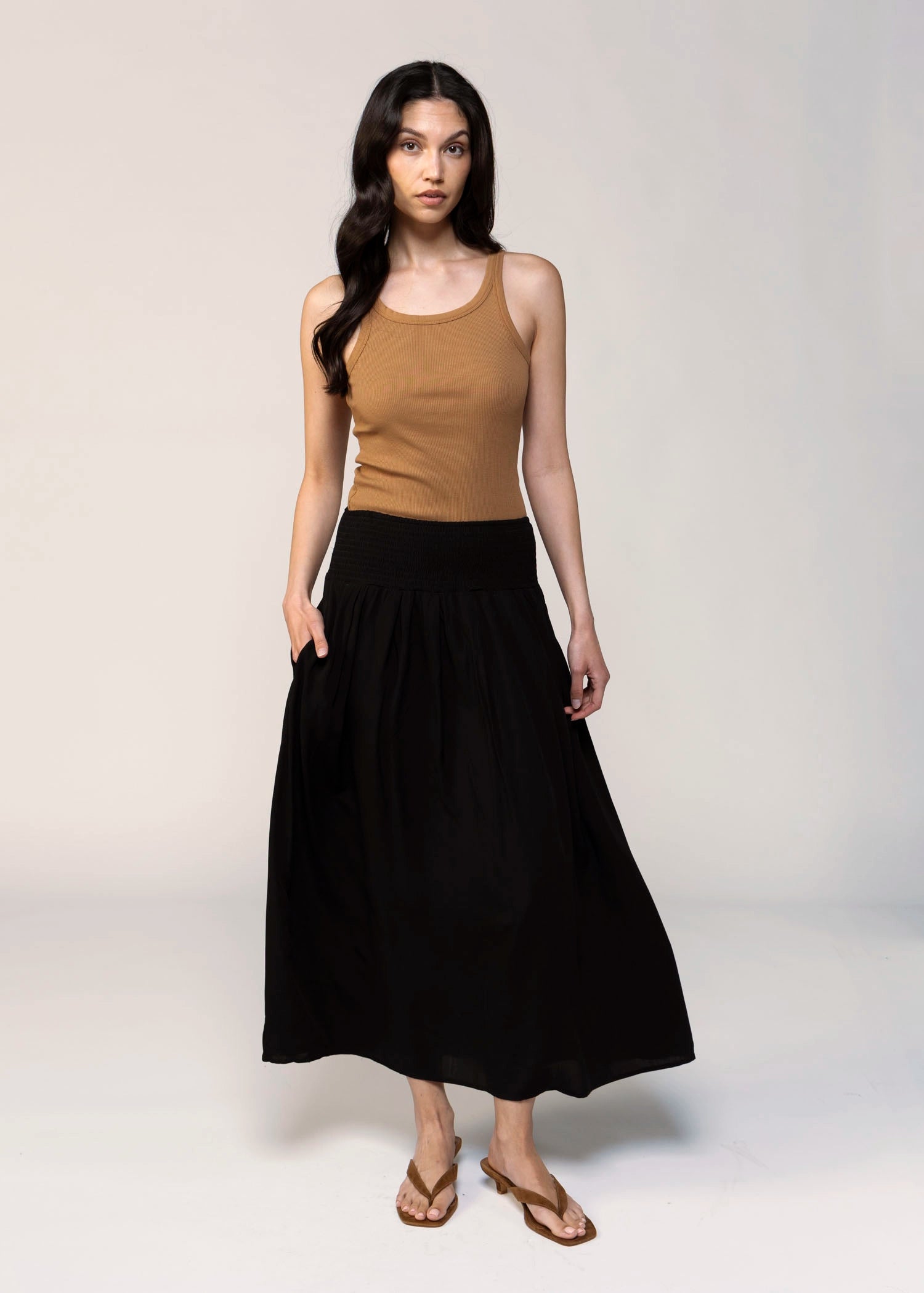 swatch_Black smocked waist midi skirt