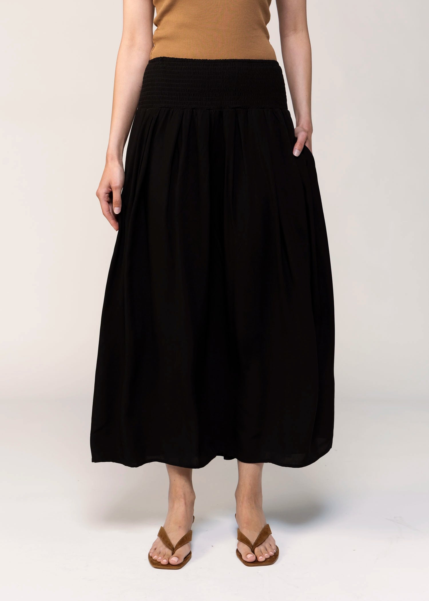 swatch_Black smocked waist midi skirt