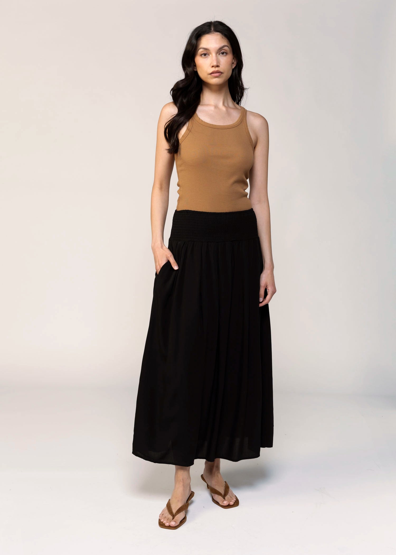 swatch_Black smocked waist midi skirt