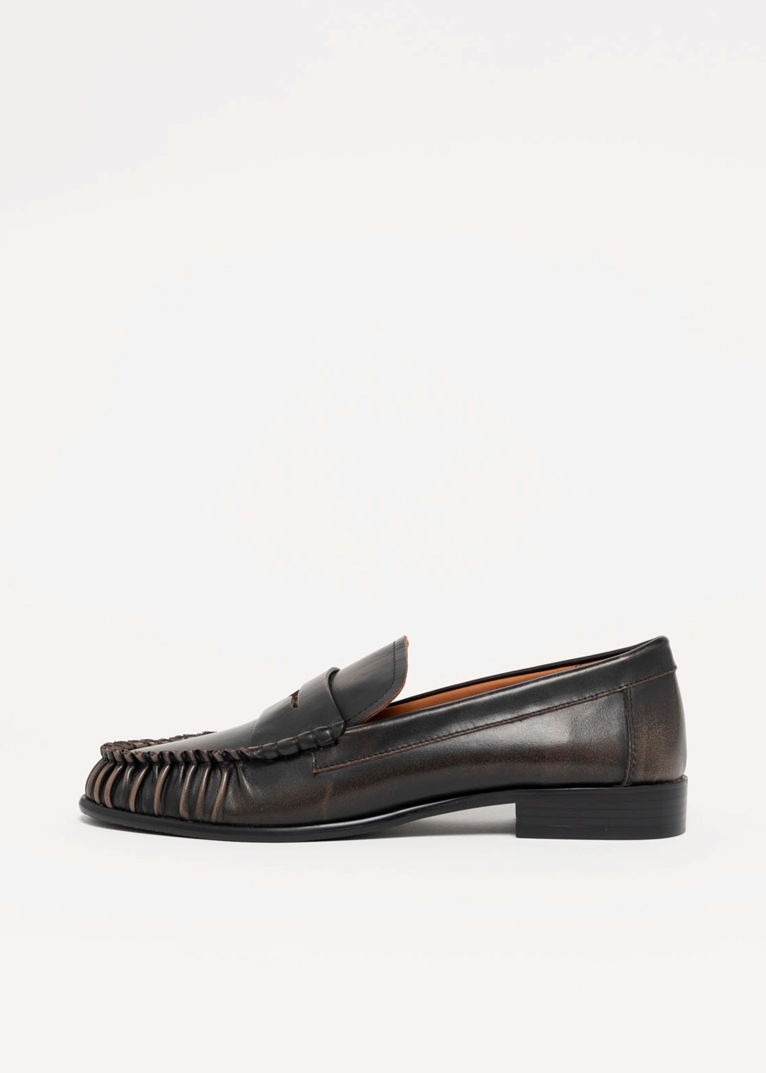 swatch_Taupe Distressed Leather l'idea ruched penny loafer