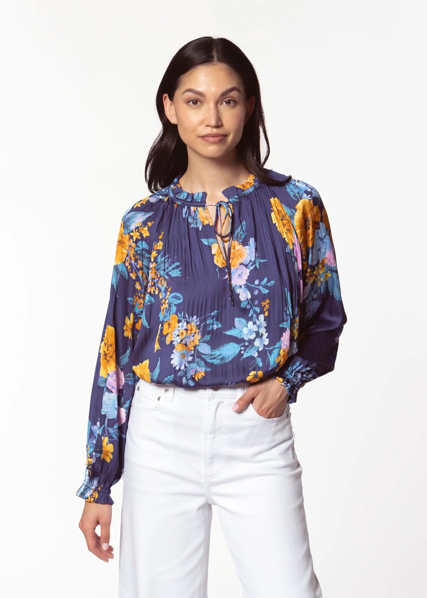 swatch_blue floral pleated blouse apparel