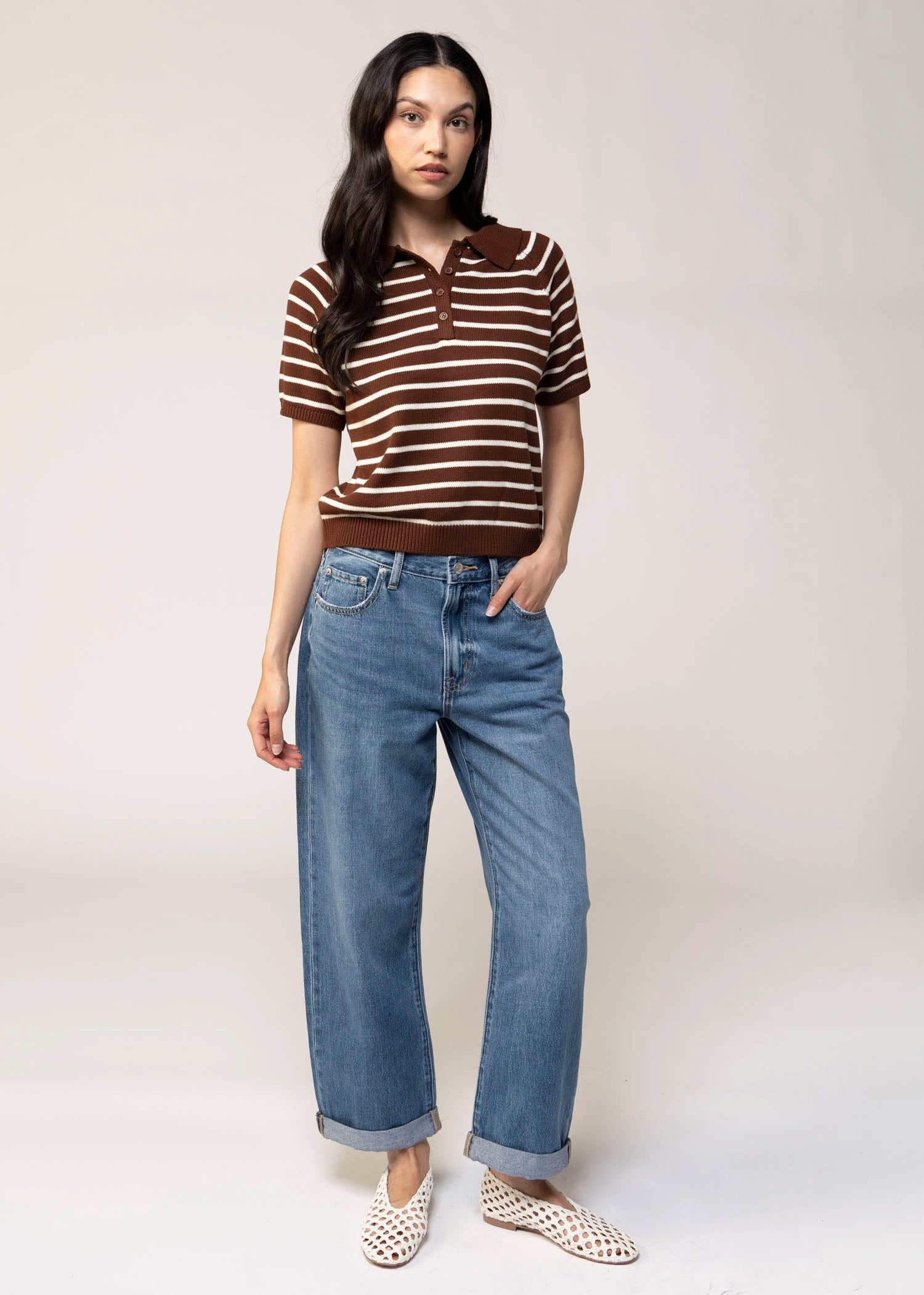 swatch_Brown/Cream striped knit polo