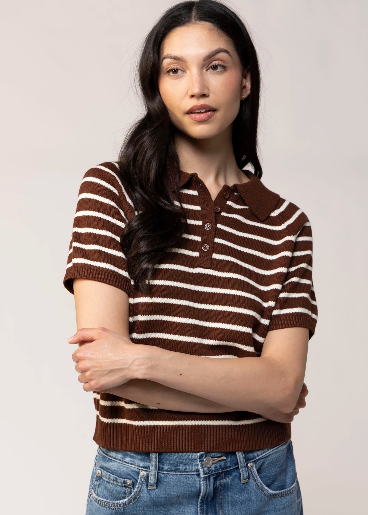 swatch_Brown/Cream striped knit polo