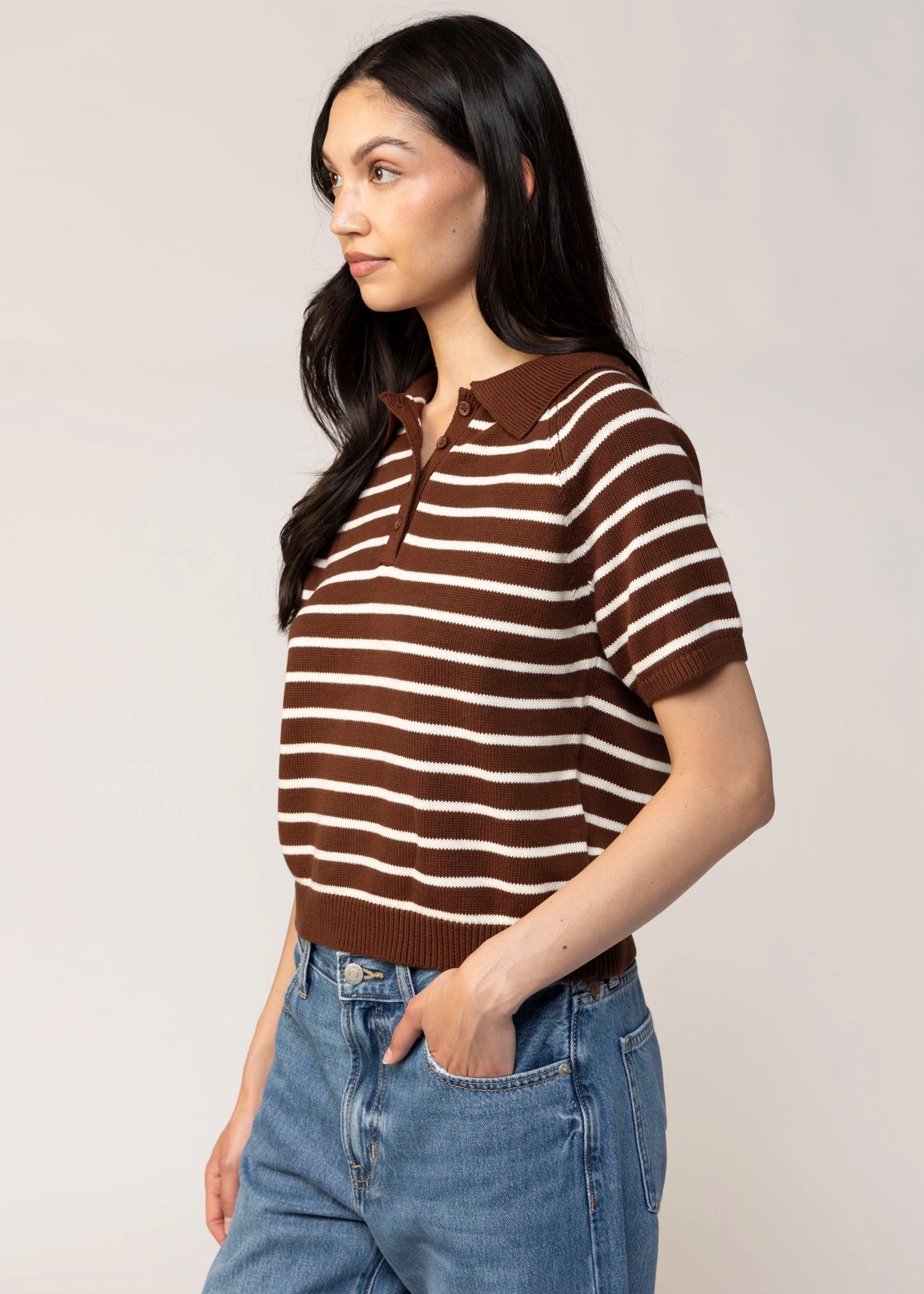 swatch_Brown/Cream striped knit polo