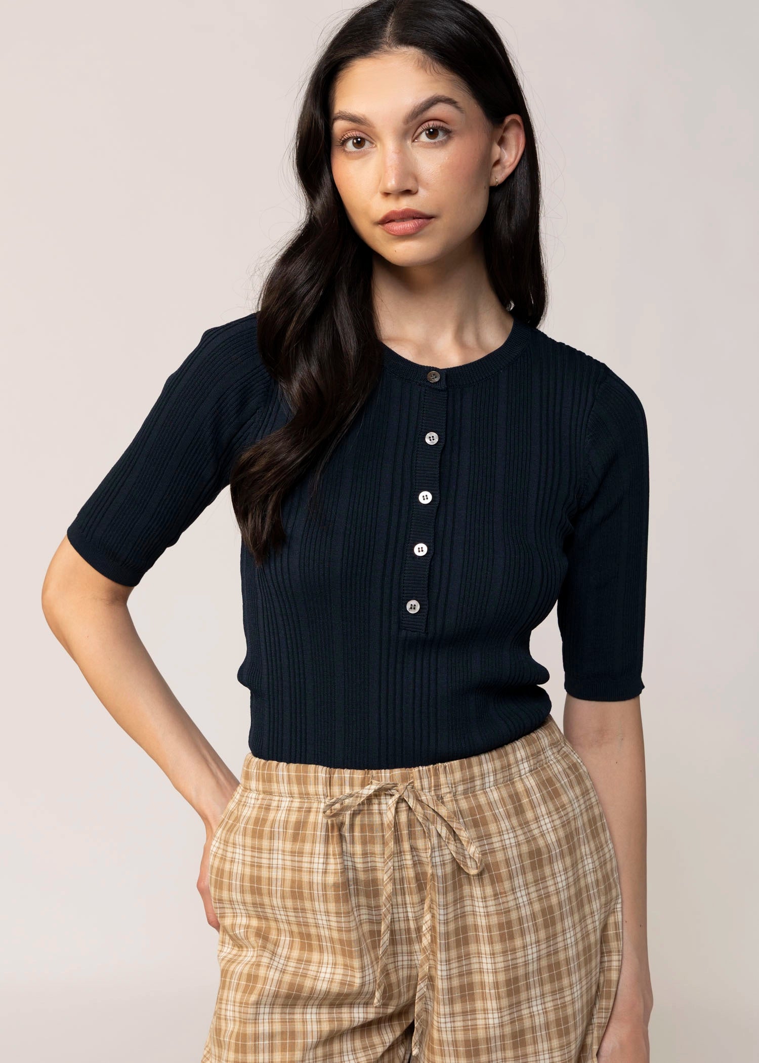 swatch_Navy sanctuary air of ease knit henley shirt