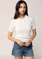 swatch_Cream mesh sweater short sleeve polo