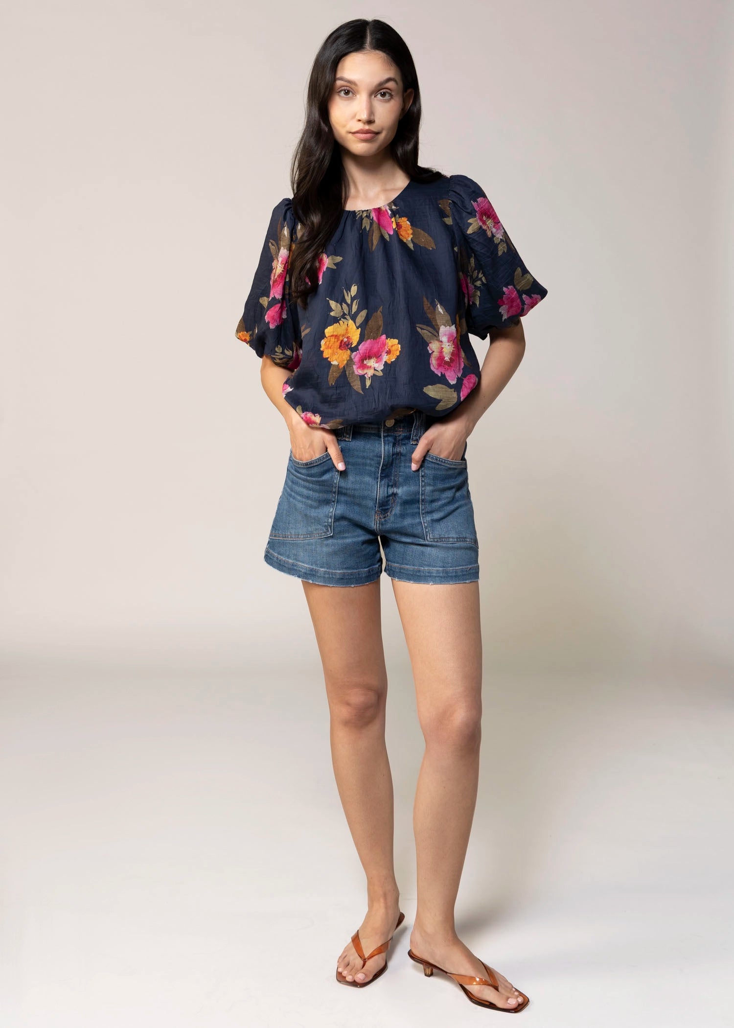 swatch_Navy Multi floral print flowy blouse