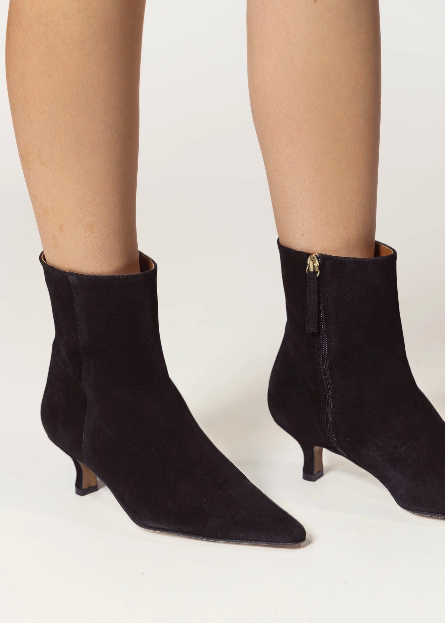 swatch_black suede cleo kitten heel bootie ankle boots