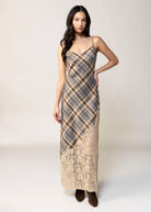 swatch_Brown/Blue Plaid lace inset maxi dress