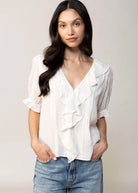 swatch_Off White ruffle short sleeve blouse