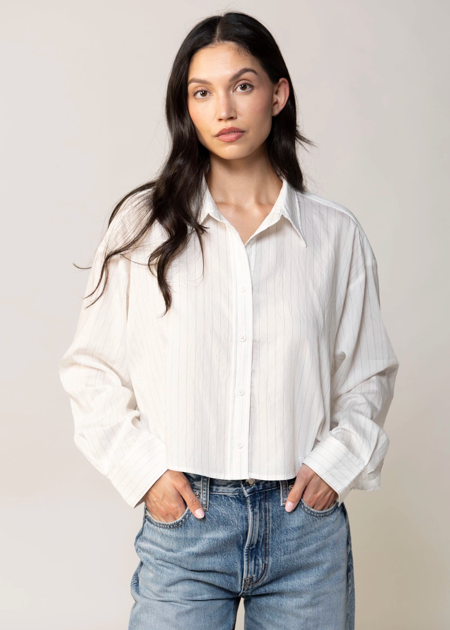 swatch_White/Grey pinstripe cropped button down shirt