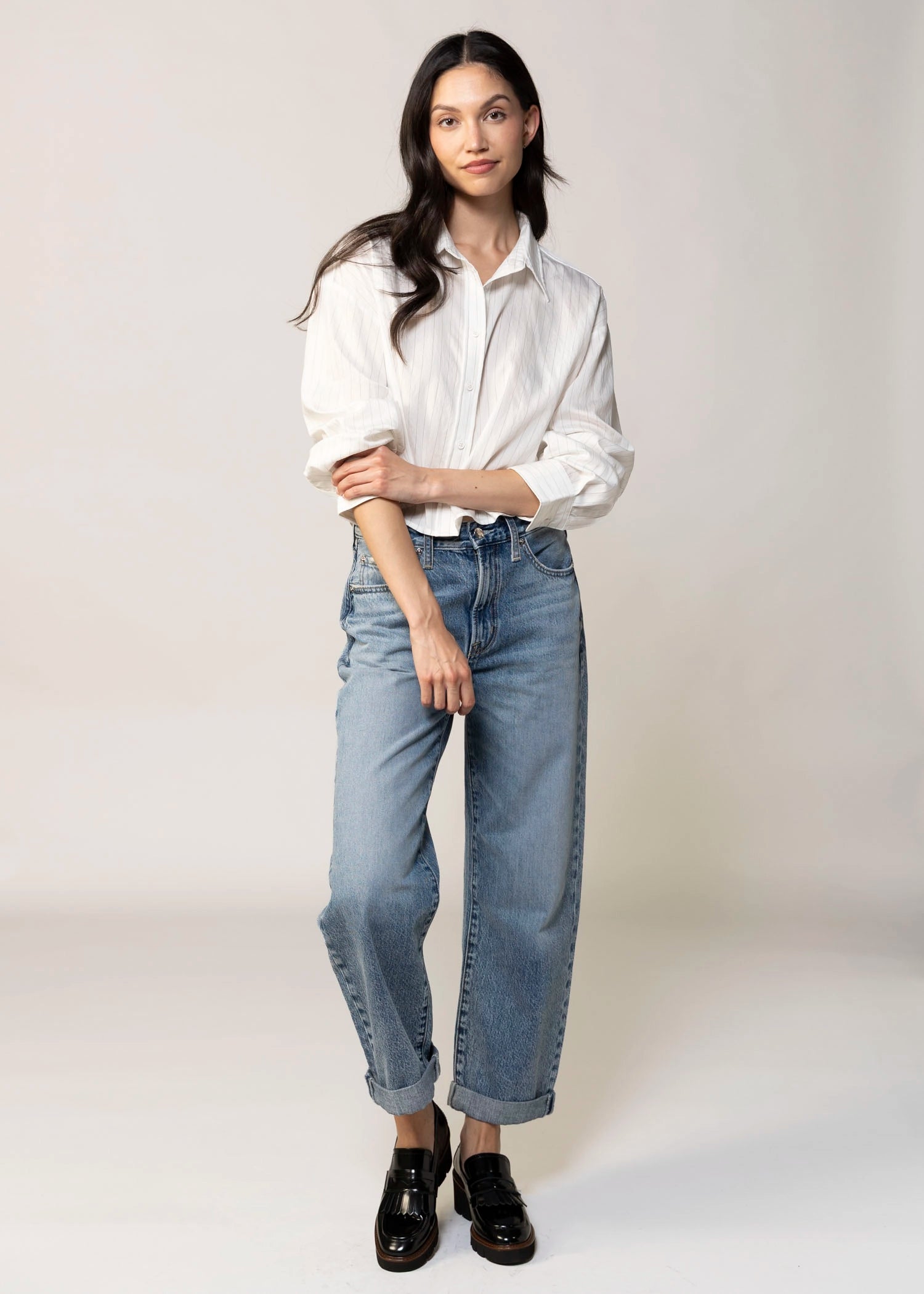 swatch_White/Grey pinstripe cropped button down shirt