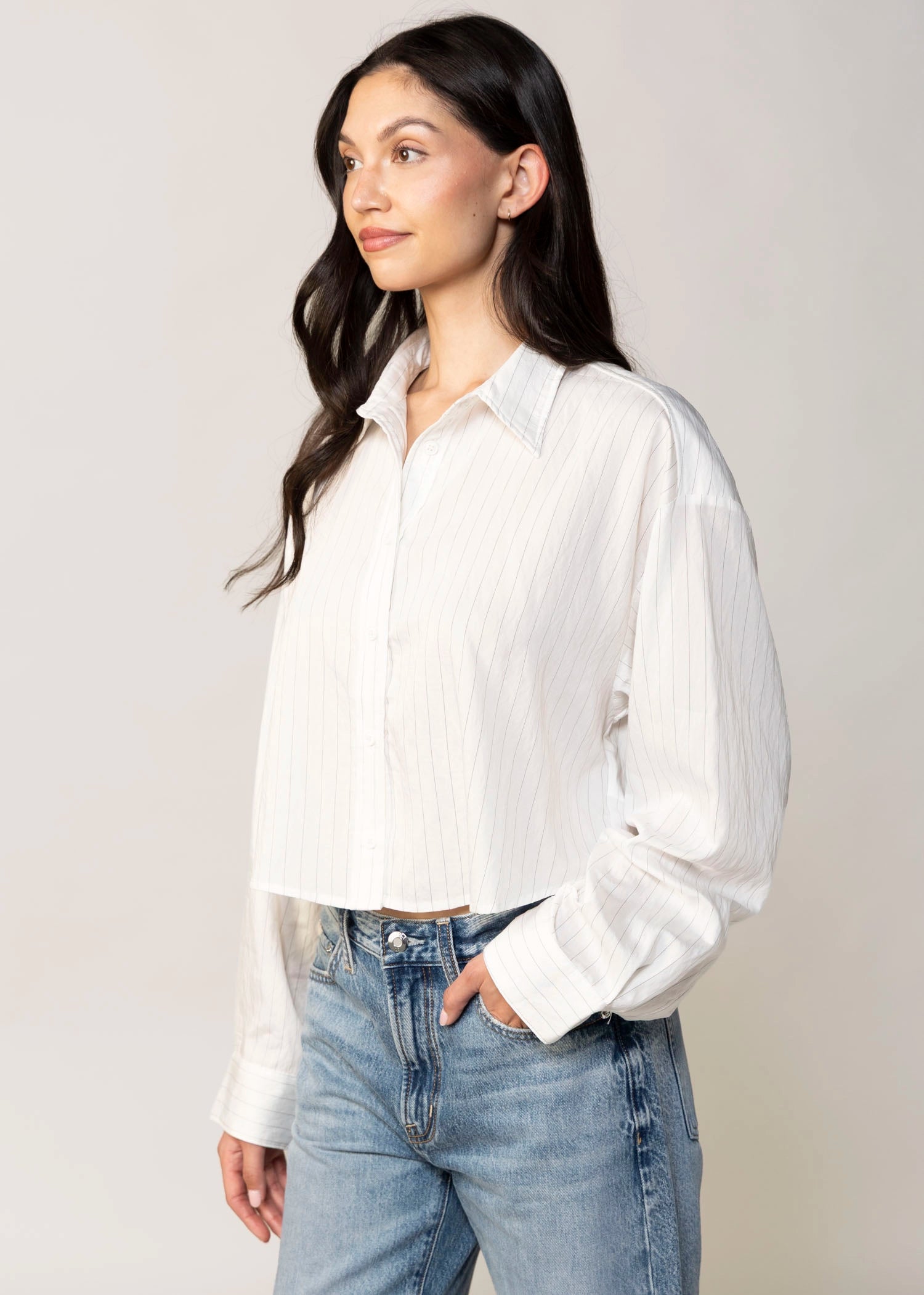 swatch_White/Grey pinstripe cropped button down shirt