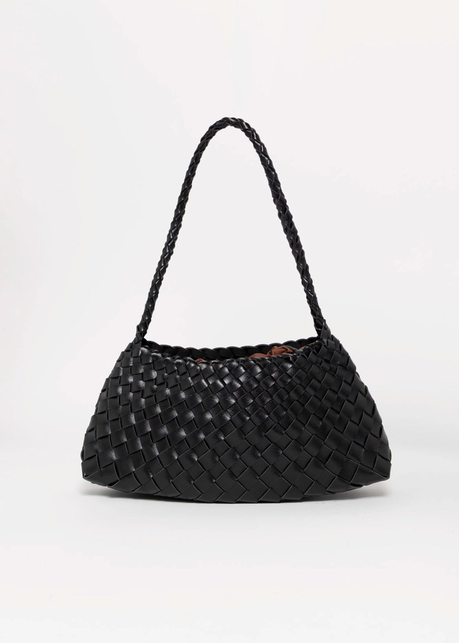 swatch_Black vegan leather woven shoulder bag