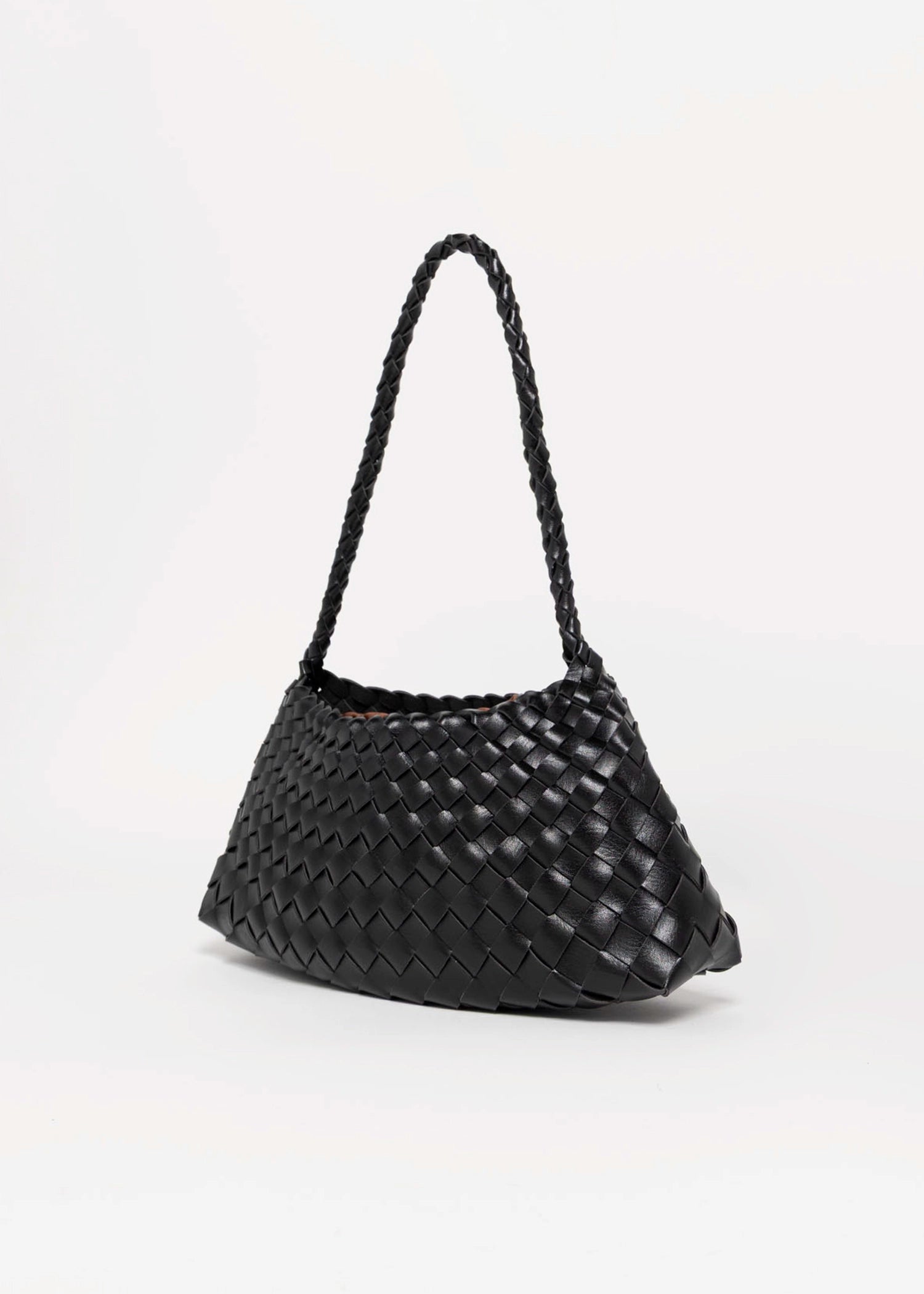 swatch_Black vegan leather woven shoulder bag