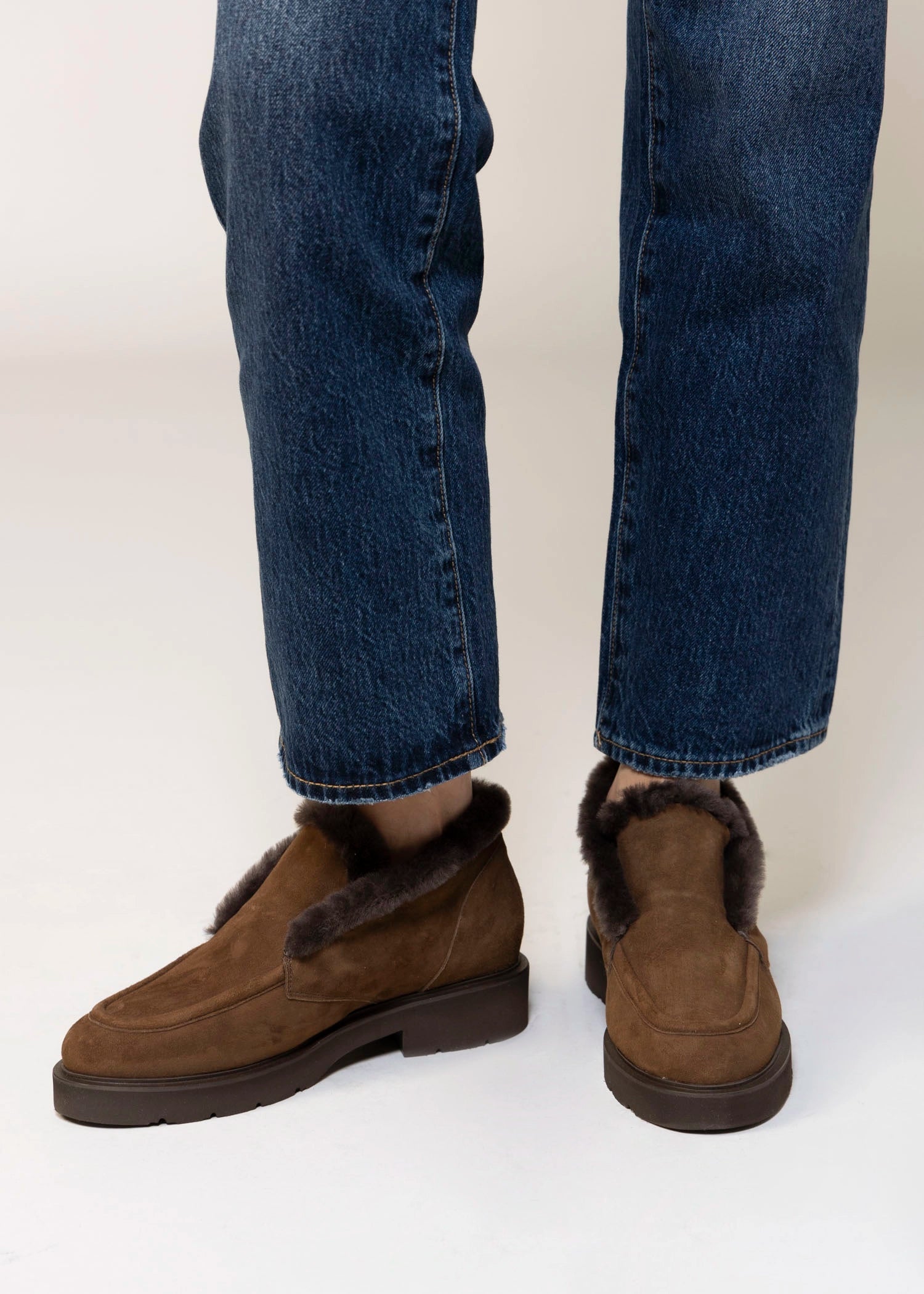 swatch_Chocolate Suede l'idea shearling trim ankle bootie