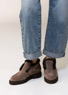 swatch_Taupe Suede l'idea shearling trim ankle bootie