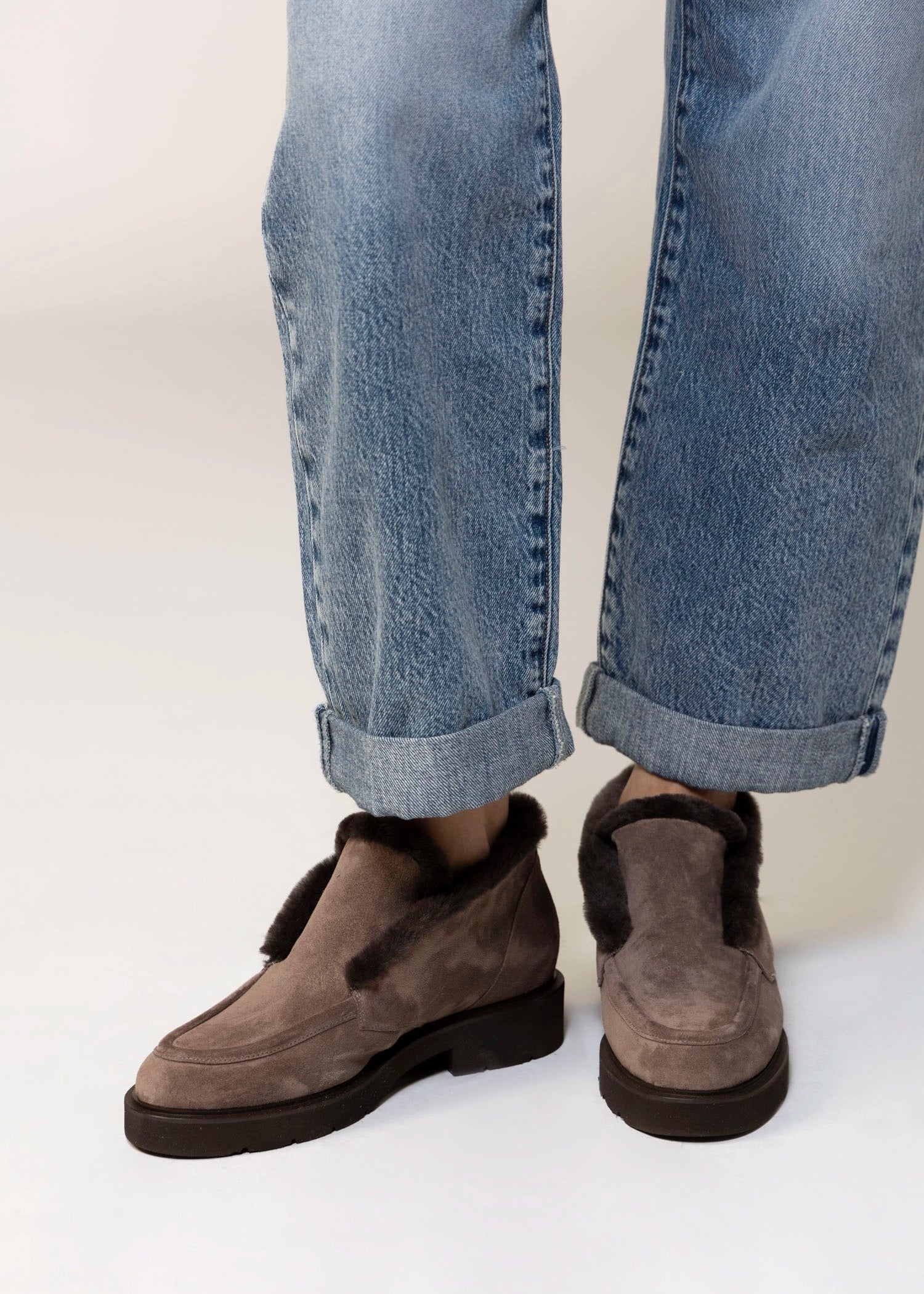 swatch_Taupe Suede l'idea shearling trim ankle bootie