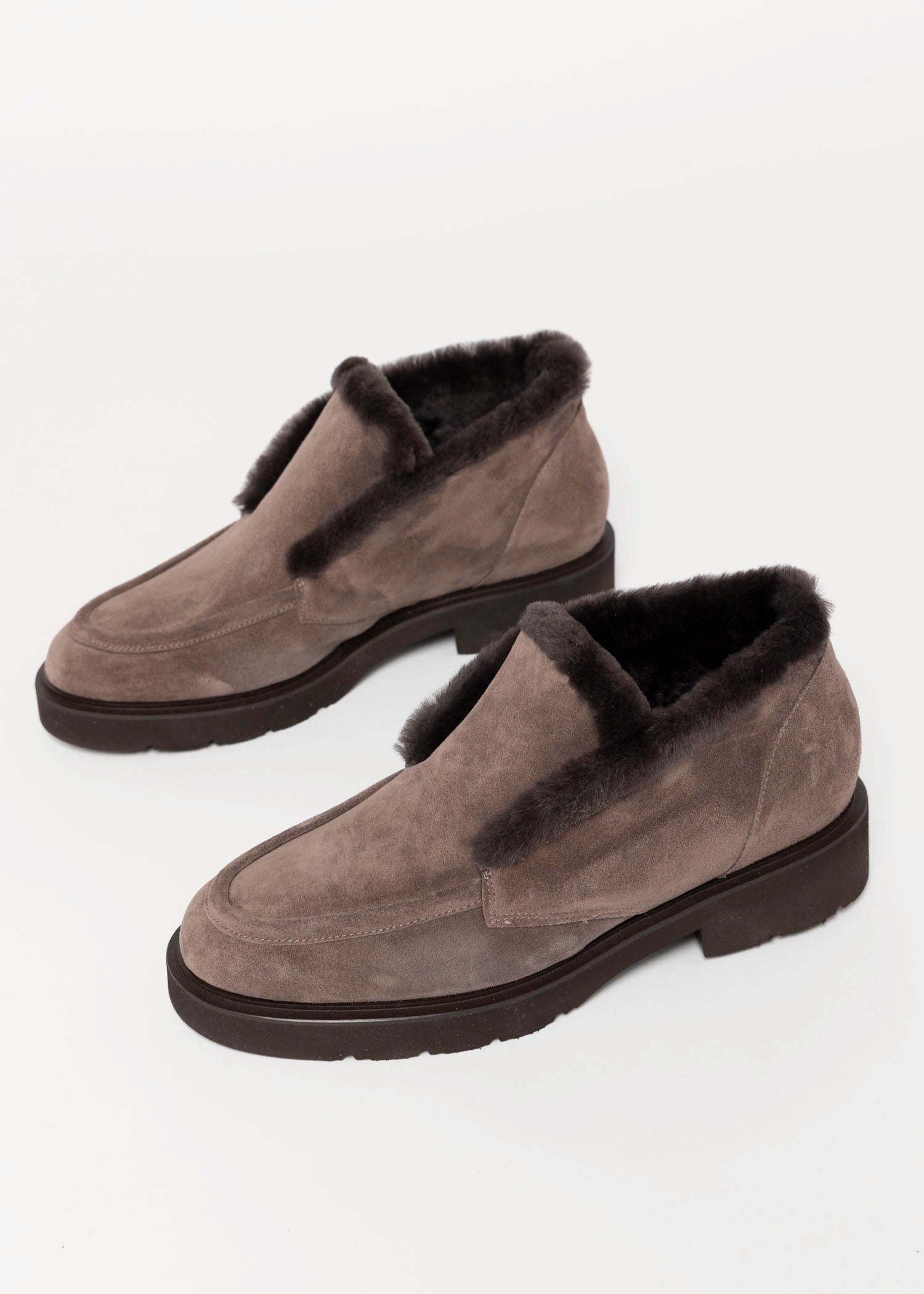 swatch_Taupe Suede l'idea shearling trim ankle bootie
