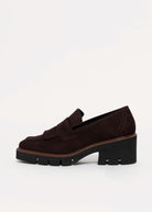 swatch_Chocolate Suede l'idea heeled loafer with kilt