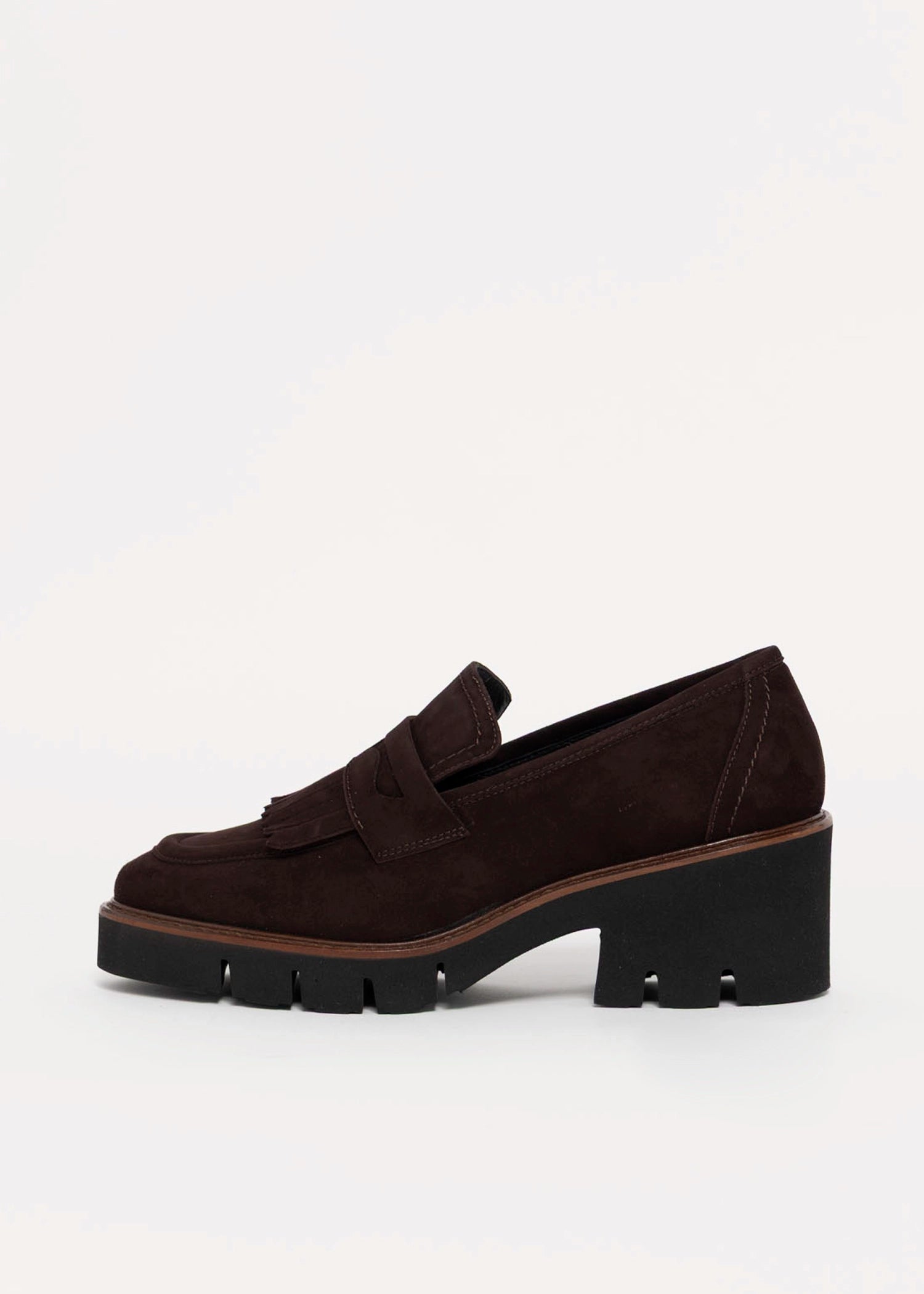 swatch_Chocolate Suede l'idea heeled loafer with kilt