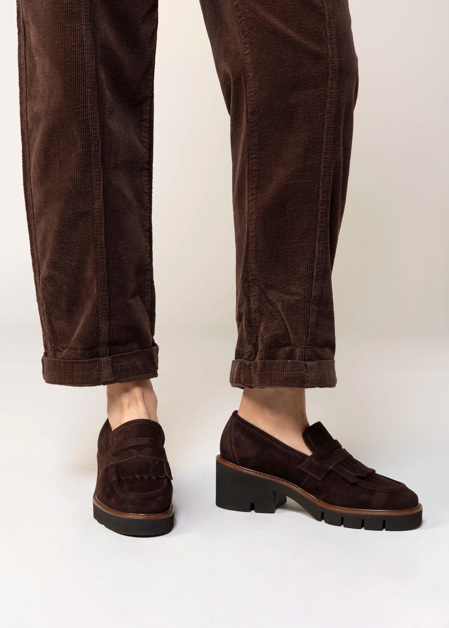 swatch_Chocolate Suede l'idea heeled loafer with kilt