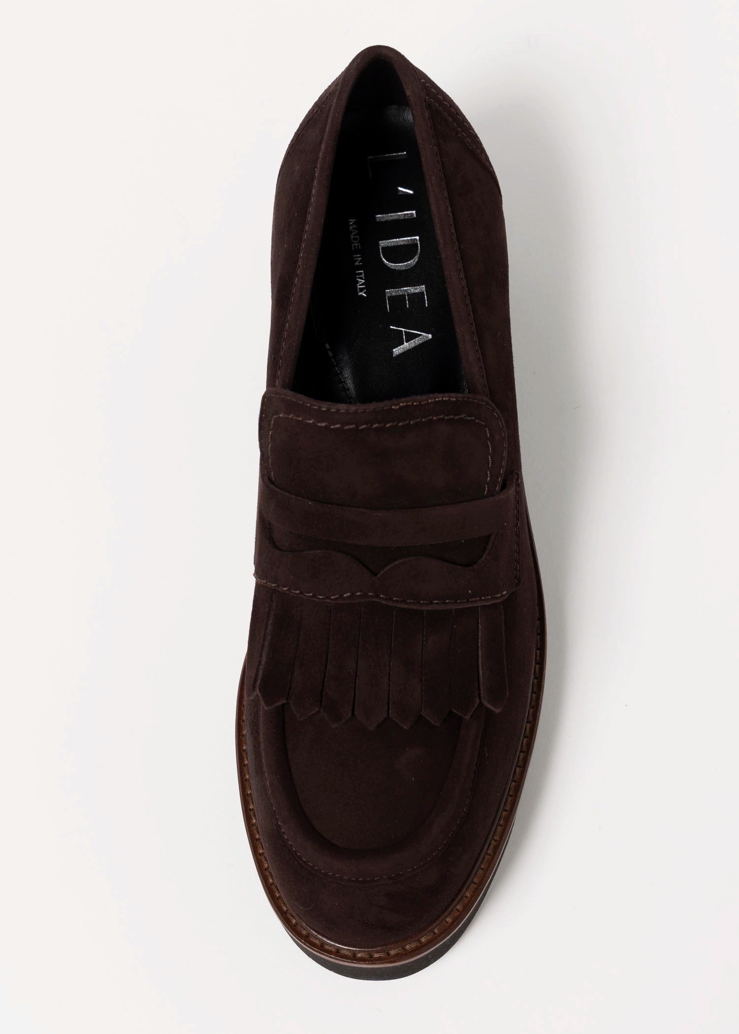 swatch_Chocolate Suede l'idea heeled loafer with kilt