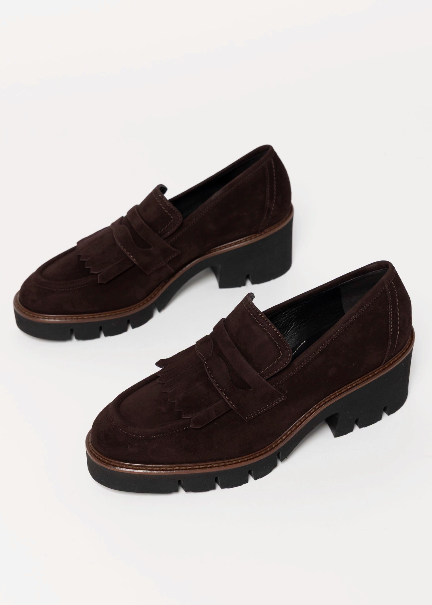 swatch_Chocolate Suede l'idea heeled loafer with kilt