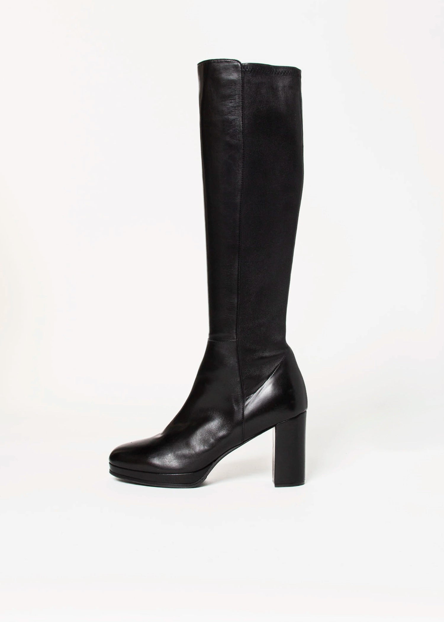 swatch_Black Leather knee high heeled boot boots