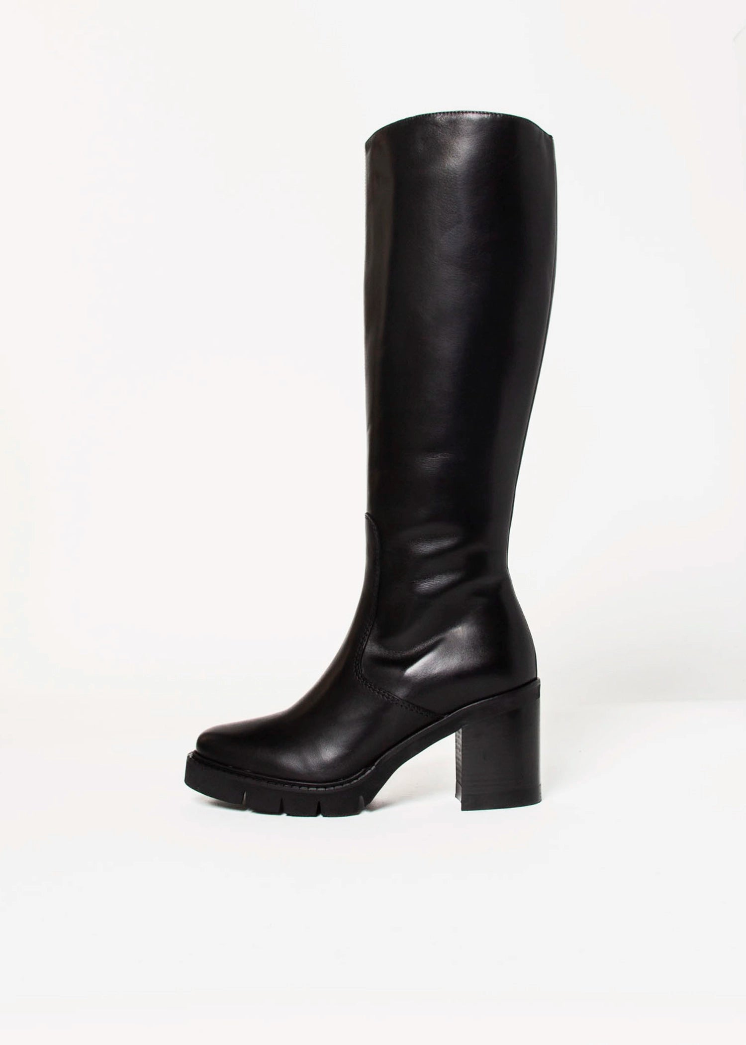 swatch_Black Leather knee high heeled boot boots