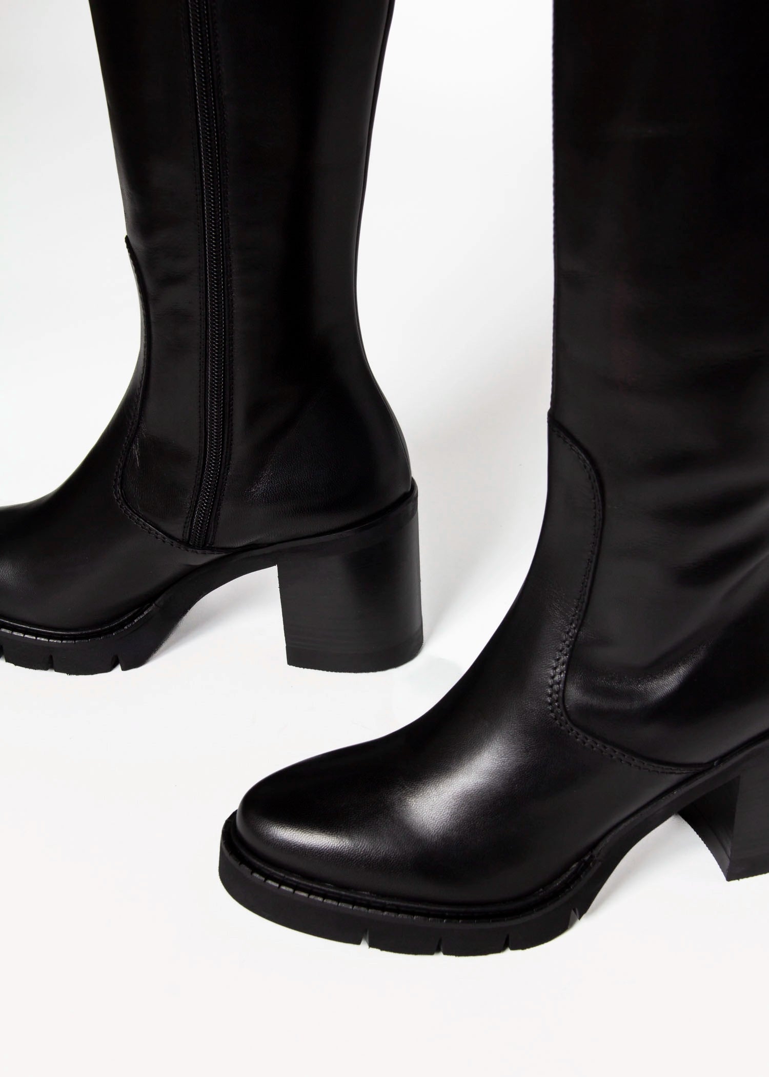 swatch_Black Leather knee high heeled boot boots