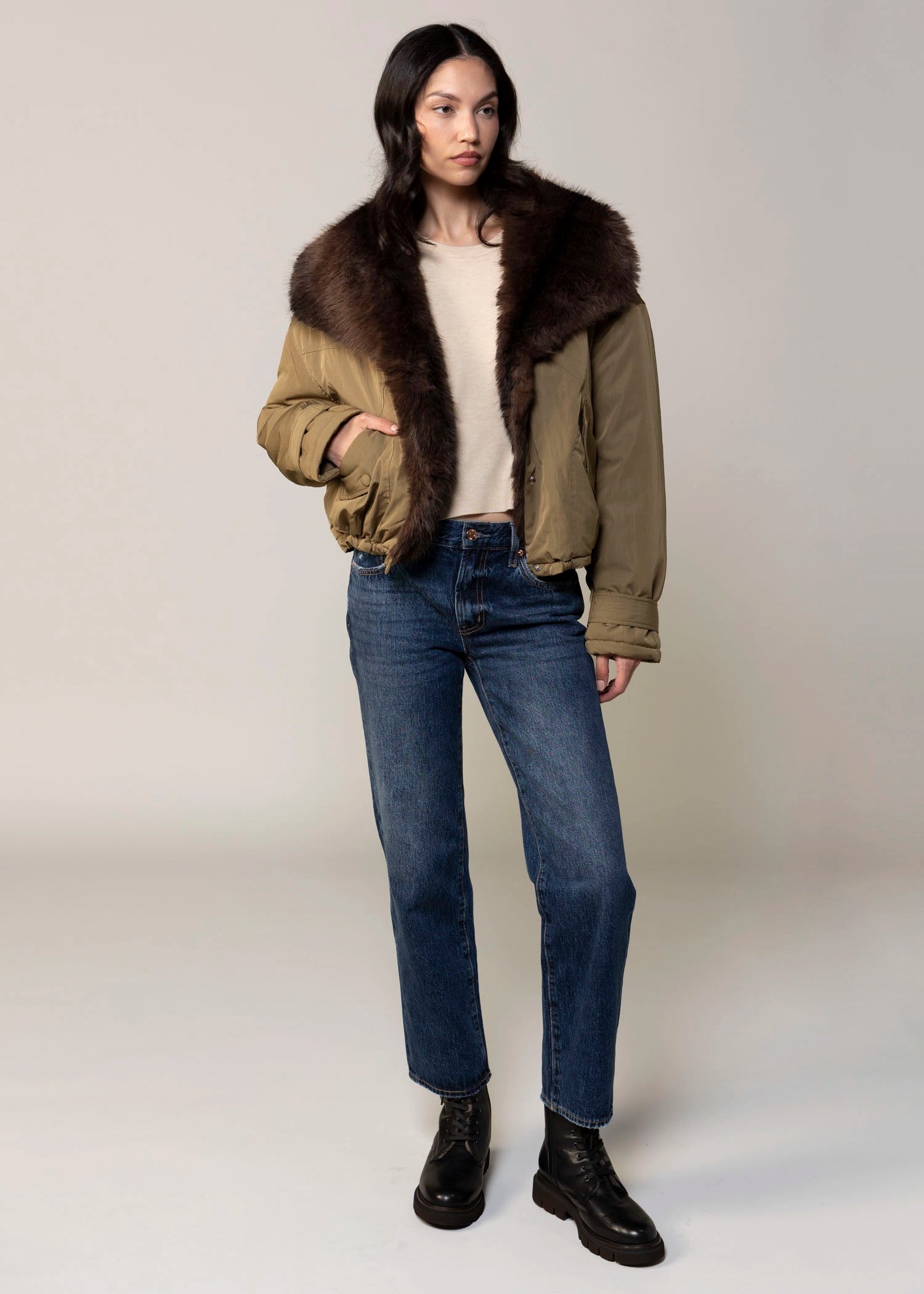 swatch_Olive blank nyc in rotation faux fur and nylon jacket