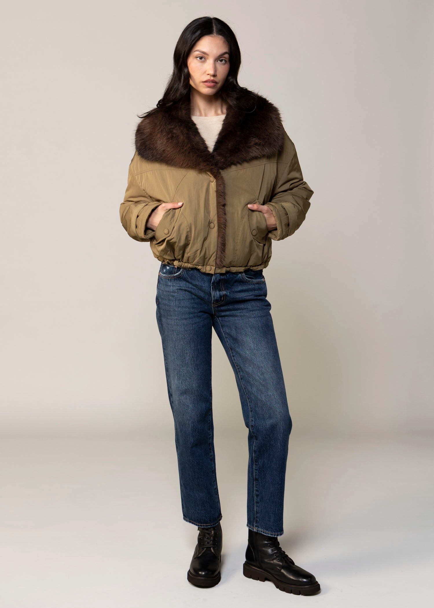 swatch_Olive blank nyc in rotation faux fur and nylon jacket