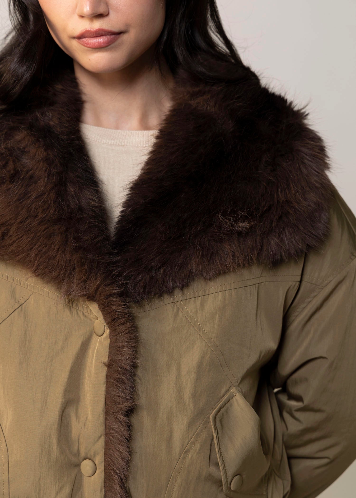 swatch_Olive blank nyc in rotation faux fur and nylon jacket