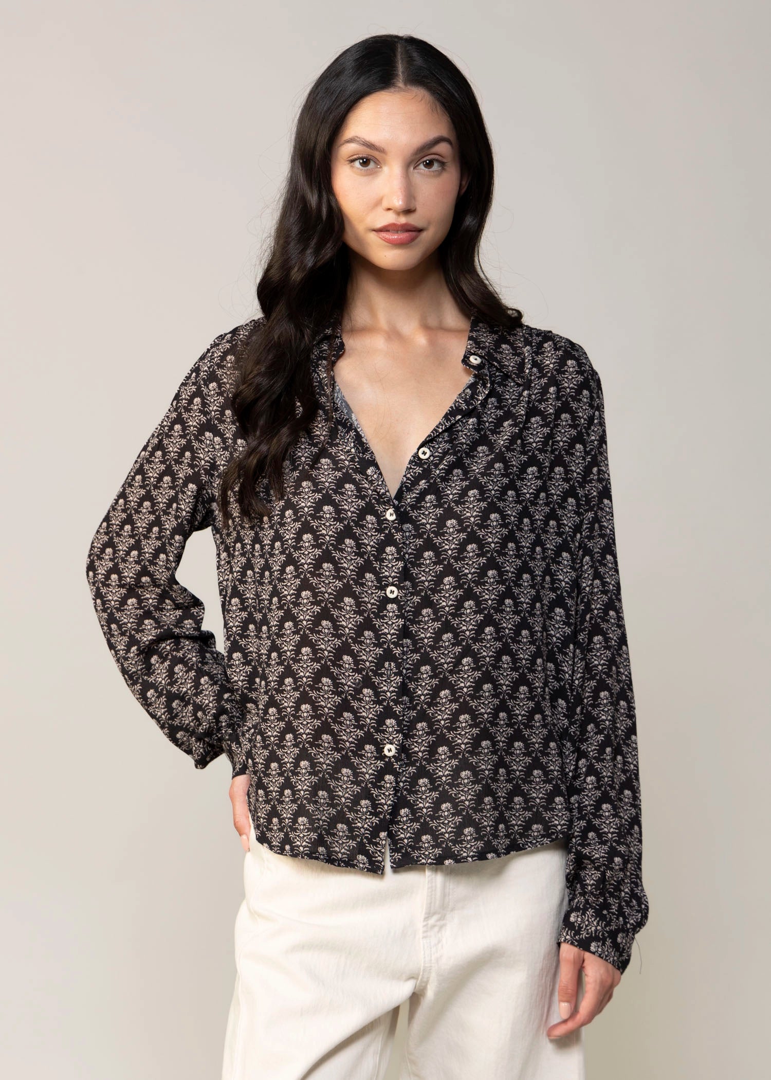 swatch_Black vintage print button down blouse