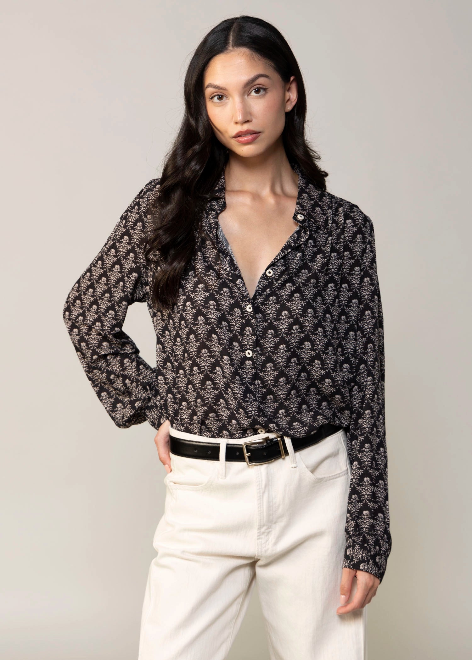 swatch_Black vintage print button down blouse