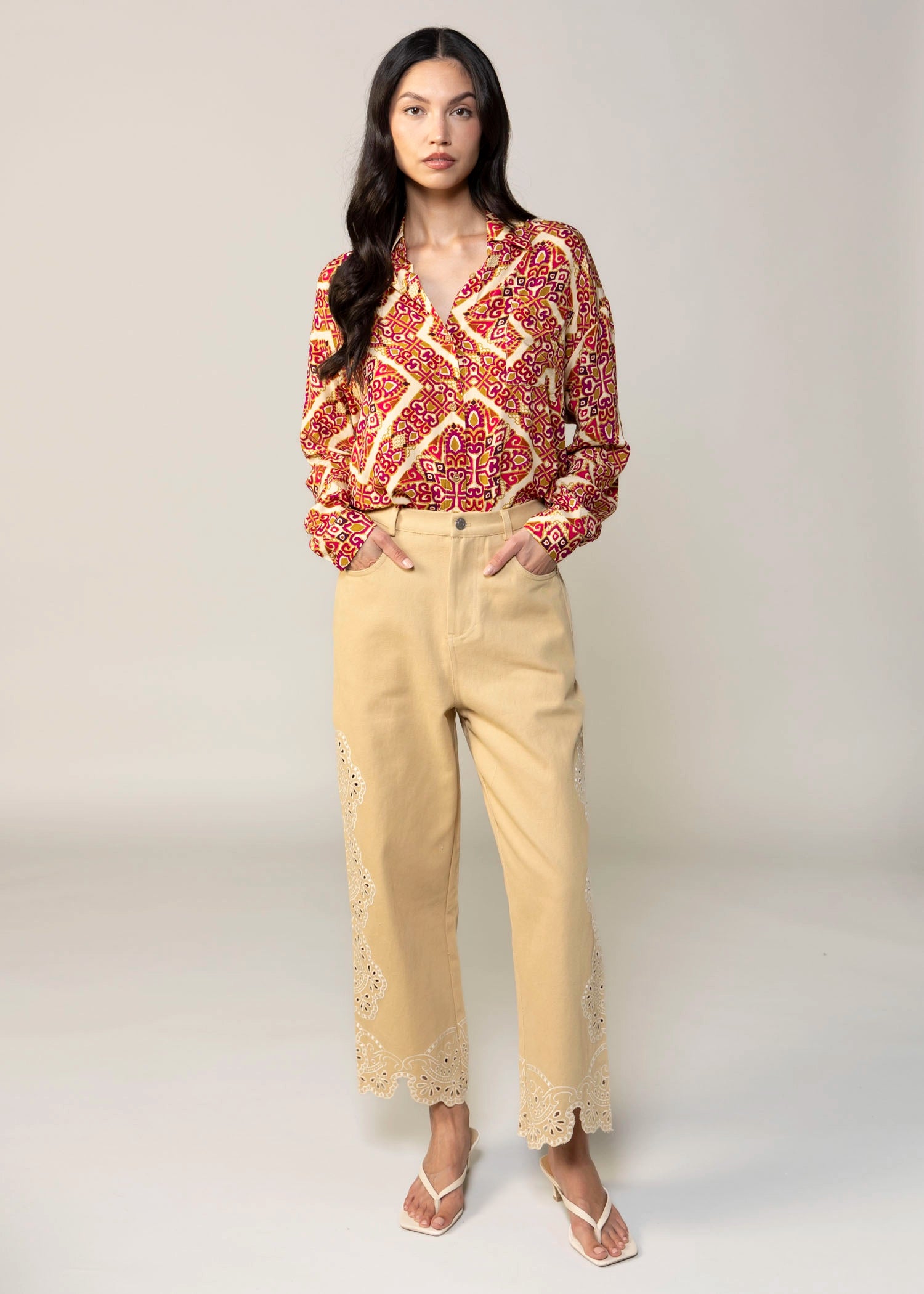 swatch_Camel wide leg embroidery pant
