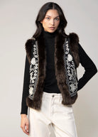 swatch_Black floral embroidery vest with fax fur trim