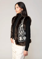 swatch_Black floral embroidery vest with fax fur trim