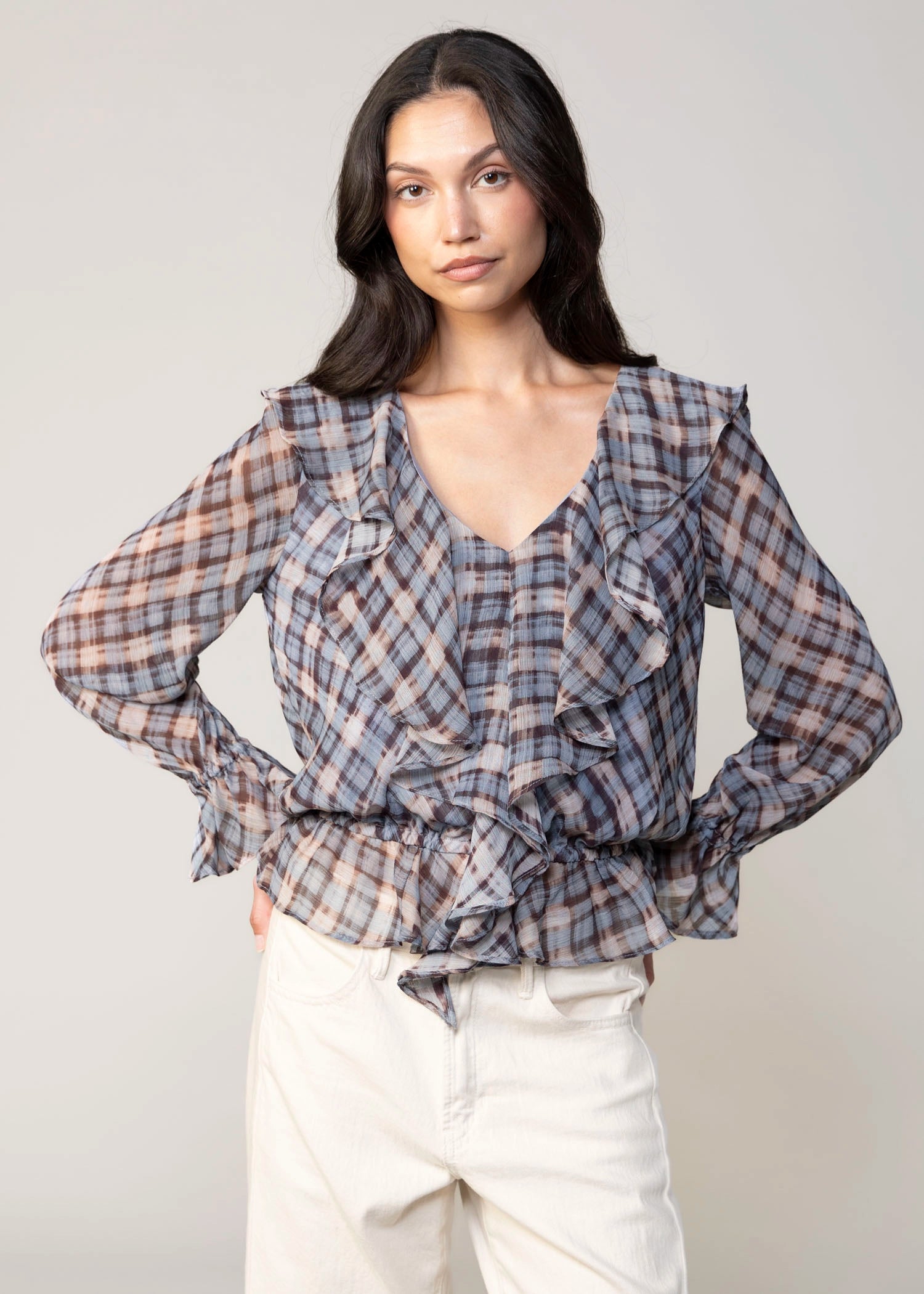 swatch_Blue plaid v-neck ruffle blouse