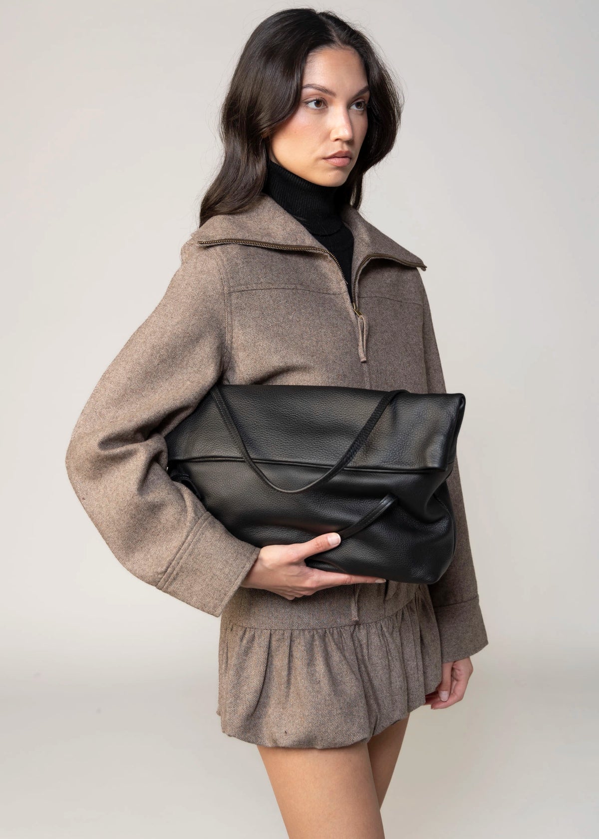 swatch_Black sook sustainable class leather foldover tote