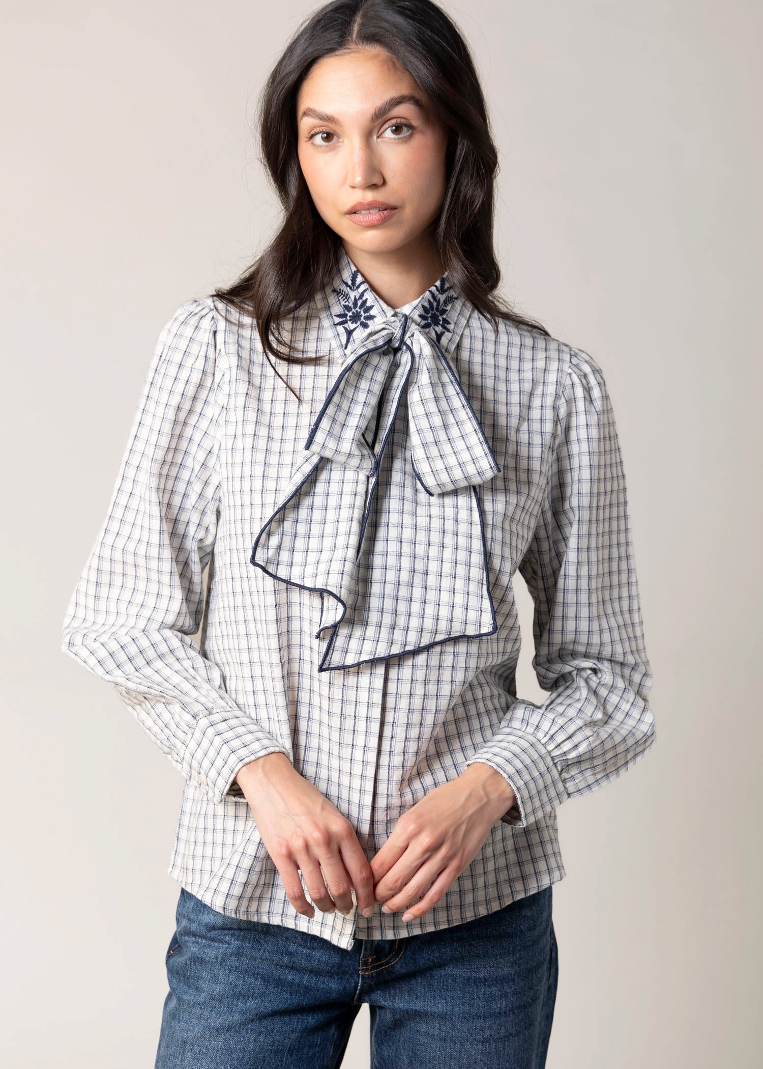swatch_Navy Lily plaid bow detail blouse