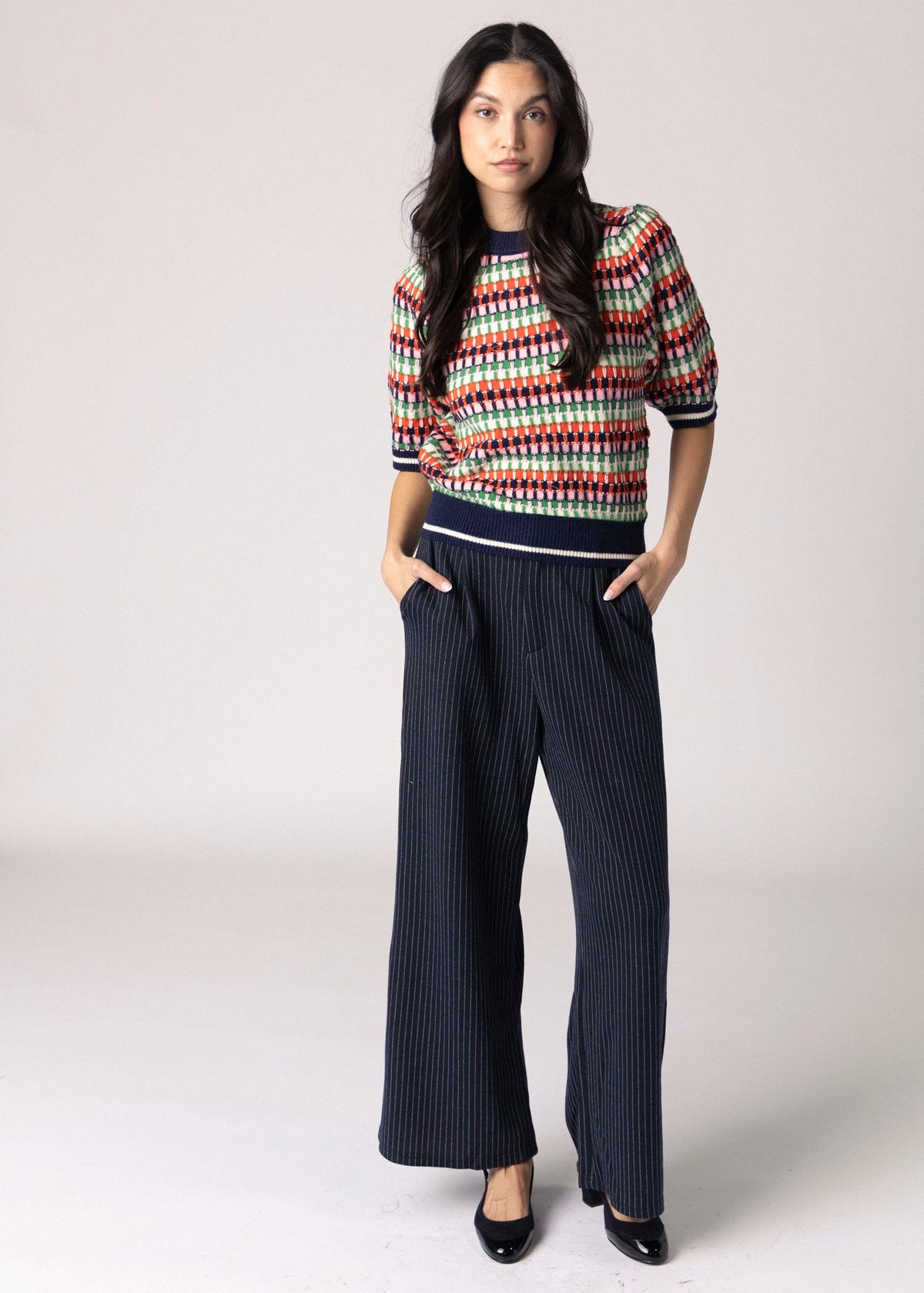 swatch_Navy Multi thml striped short sleeve sweater