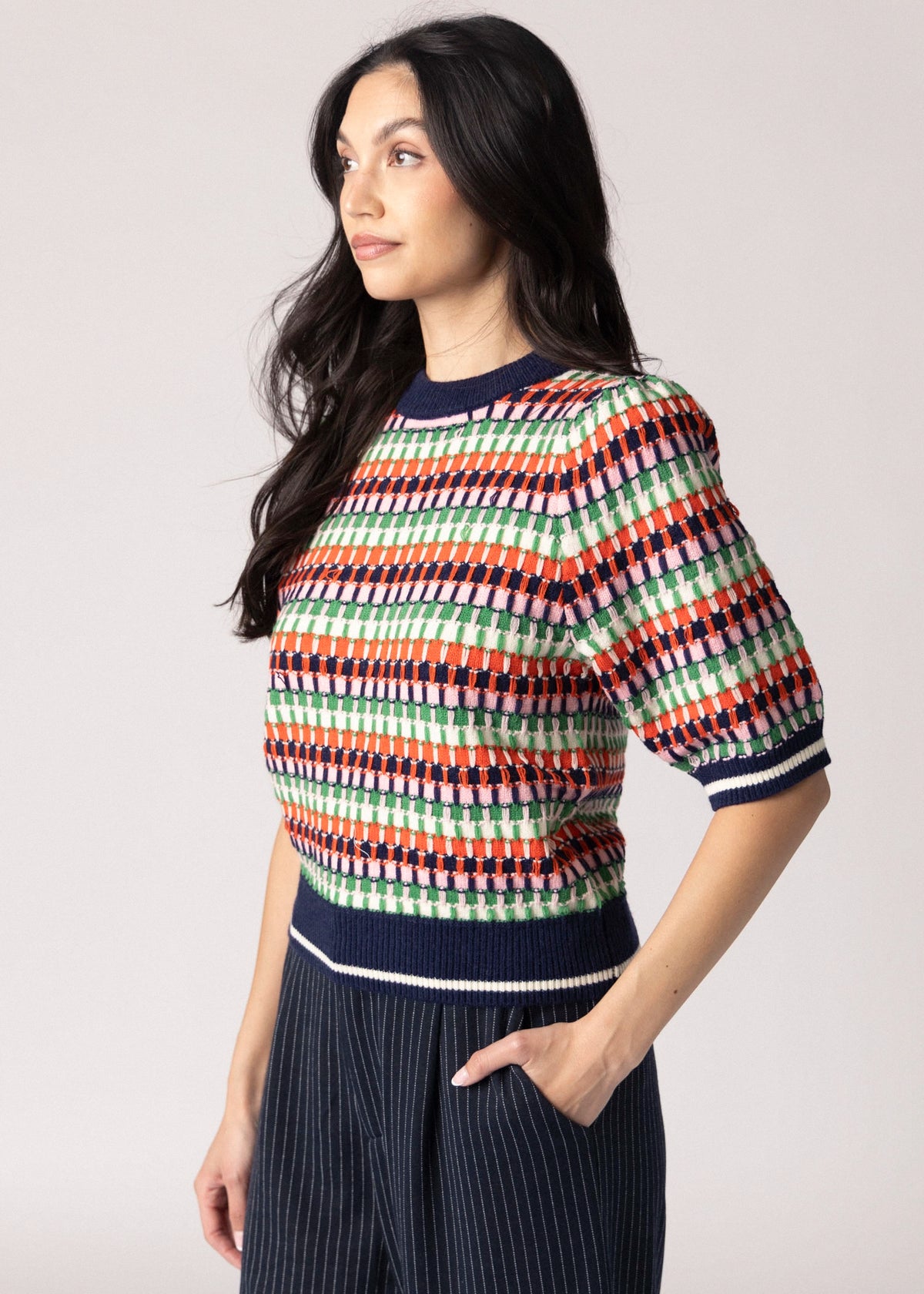 swatch_Navy Multi thml striped short sleeve sweater